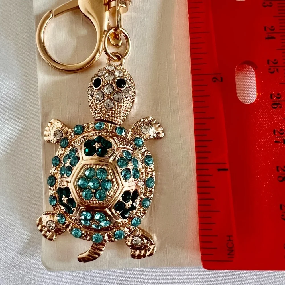 Turtle Key Chain Or bag Charm Teal/Blue Crystal Rhinestone Gold Tone Hardware